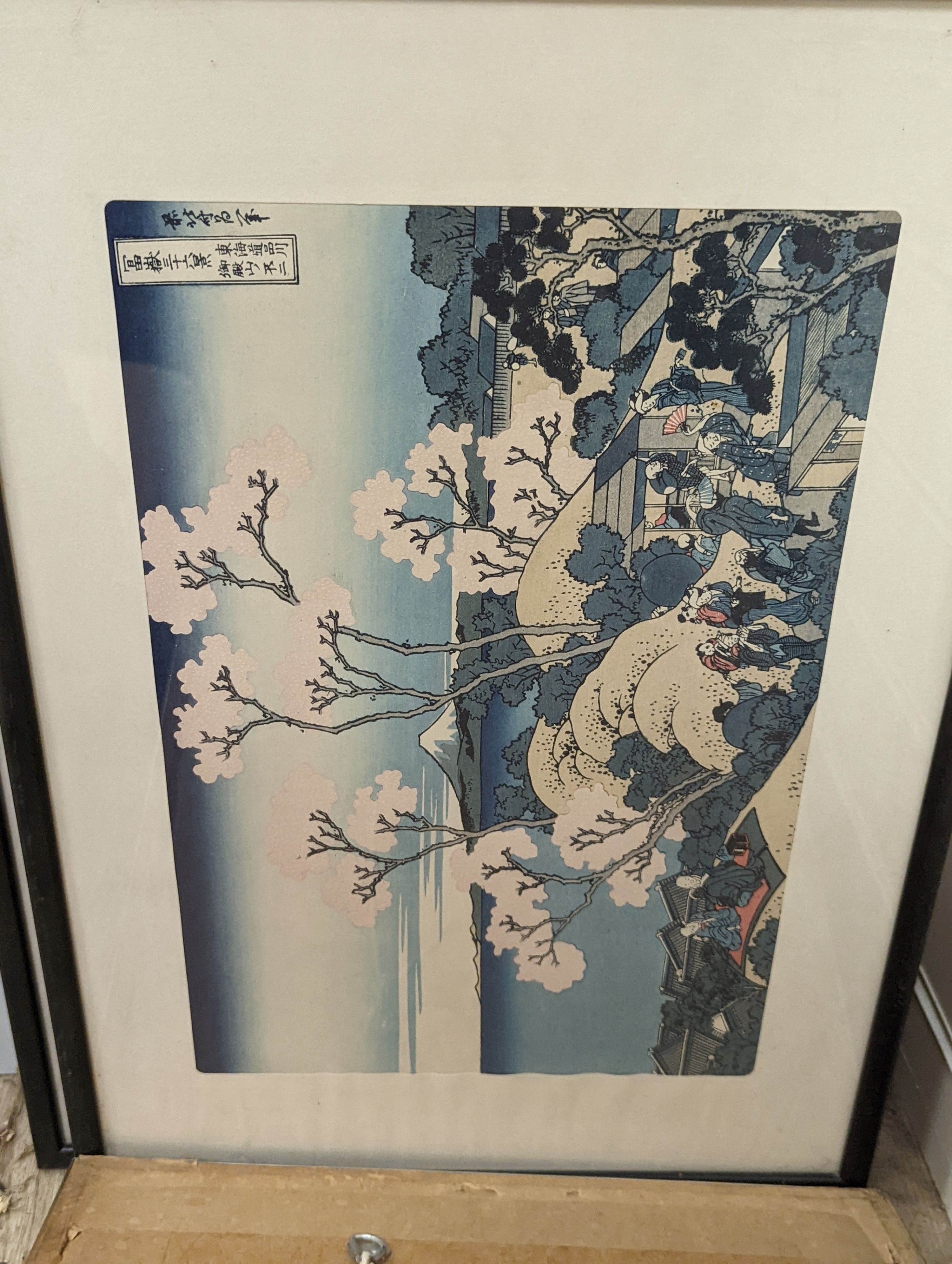 Hiroshige, woodblock print, 'Southern Shower over Shin-Ohashi Bridge', 36 x 24cm, and eight other assorted woodblock prints.